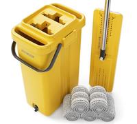 JOYMOOP Heavy Duty Commercial Mops for Floor Cleaning, Wet Dry Mop and Bucket Set with Large Capacity Yellow Bucket, Includes 5 Reusable 17-Inch Microfiber Pads