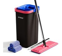 JOYMOOP Mop and Bucket Set for Home, Hands-Free Self-Cleaning System, with 3 Reusable Microfiber Mop Pads, Suitable for Floor Cleaning and Wall Cleaner - Black+Red+Slate Blue