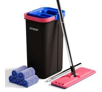 JOYMOOP Mop and Bucket Set for Home, Hands-Free Self-Cleaning System, with 5 Reusable Microfiber Mop Pads, Suitable for Floor Cleaning and Wall Cleaner - Black+Red+Slate Blue