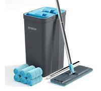 JOYMOOP Mop and Bucket Set with Wringer, mops for Floor Cleaning, Wall Mop Cleaner with Long Handle, with 6 Reusable Microfiber Mop Pads - Grey+Cyan Blue