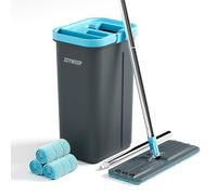 JOYMOOP Mop and Bucket Set with Wringer, with 3 Reusable Microfiber Mop Pads, Mops for Floor Cleaning and Wall Cleaning, Hands-Free Flat Mop for Home Use - Grey+Cyan Blue