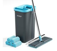 JOYMOOP Mop and Bucket Set with Wringer, with 5 Reusable Microfiber Mop Pads, Mops for Floor Cleaning and Wall Cleaning, Hands-Free Flat Mop for Home Use - Grey+Cyan Blue