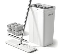 JOYMOOP Mop and Bucket with Wringer Set for Home, White Flat Squeeze Mop Bucket Set for Floor Cleaning, Hands Free Wet Dry Mop for Walls, 60" Mop with 6 Reusbale Microfiber Pads