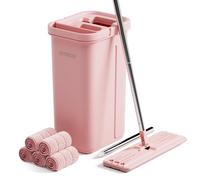 JOYMOOP Mop and Bucket with Wringer Set, Hands Free Flat Floor Mop and Bucket, 60" Mop with 5 Reusable Microfiber Pads, Wet and Dry Use, Floor Cleaning System - Pink