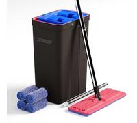 JOYMOOP Mop and Bucket with Wringer Set, Hands Free Flat Floor Mop and Bucket, with 4 Washable Microfiber Pads, Wet and Dry Use, Floor Cleaning System - Black+Red+Slate Blue