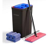 JOYMOOP Mop and Bucket with Wringer Set, Hands Free Flat Floor Mop and Bucket, with 6 Washable Microfiber Pads, Wet and Dry Use, Floor Cleaning System - Black+Red+Slate Blue