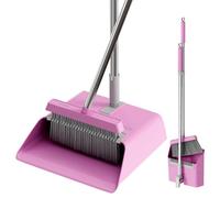 JOYMOOP Pink Broom and Dustpan Set with 56" Long Handle, Upright Stand Up Broom with Built-in Comb Teeth, Angle Broom for Home Kitchen Office Lobby, Pet Hair and Hardwood Floor Sweeping
