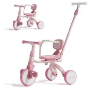 JOYMOR 5 in 1 Tricycle for Toddlers 1-3 Years Old, Baby Tricycle with Adjustable Push Handle, Safety Harness, Birthday Gift and Toy for Boys and Girls (Pink)