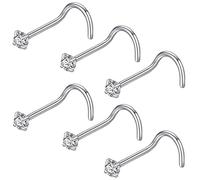JOYMORE 20g 2.5mm Clear CZ 6pcs 316L Surgical Steel Nose Ring Studs Silver Nose Screw for Women 20 gauge Stainless Steel Nostrial Piercing Nose Rings