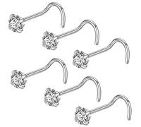 JOYMORE 20g 4.0mm Clear CZ 6pcs 316L Surgical Steel Nose Ring Studs Silver Nose Screw for Women 20 gauge Stainless Steel Nostrial Piercing Nose Rings
