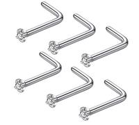 JOYMORE 22g 1.5mm Clear CZ 6pcs 316L Surgical Steel Nose Ring Studs L Shaped Nose Studs for Women L-Shape 22 gauge Stainless Steel Nostrial Piercing Nose Rings