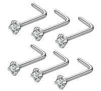 JOYMORE 22g 2.0mm Clear CZ 6pcs 316L Surgical Steel Nose Ring Studs L Shaped Nose Studs for Women L-Shape 22 gauge Stainless Steel Nostrial Piercing Nose Rings