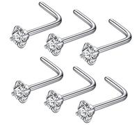 JOYMORE 22g 2.5mm Clear CZ 6pcs 316L Surgical Steel Nose Ring Studs L Shaped Nose Studs for Women L-Shape 22 gauge Stainless Steel Nostrial Piercing Nose Rings