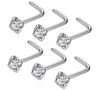 JOYMORE 22g 3.0mm Clear CZ 6pcs 316L Surgical Steel Nose Ring Studs L Shaped Nose Studs for Women L-Shape 22 gauge Stainless Steel Nostrial Piercing Nose Rings
