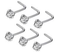 JOYMORE 22g 4.0mm Clear CZ 6pcs 316L Surgical Steel Nose Ring Studs L Shaped Nose Studs for Women L-Shape 22 gauge Stainless Steel Nostrial Piercing Nose Rings