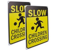 JOYOFREELY 2pcs Yellow Iron Slow down Safety Signs for Crossing, Weather Resistant and Highly Visible Warning Signs Suitable for Schools and Neighborhoods