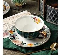 JOYOFUN Green Tea Cup and Saucer,Porcelain Coffee Cup Royal Ceramic Floral Lined Design Teacup with Gold Trim and Spoon,8 oz Vintage China Mug Cup for Latte,Cappuccino,Tea Sets Birthday Gift