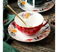 JOYOFUN Red Tea Cup and Saucer,Porcelain Coffee Cup Royal Ceramic Floral Lined Design Teacup with Gold Trim and Spoon,8 oz Vintage China Mug Cup for Latte,Cappuccino,Tea Sets Birthday Gift