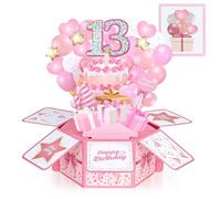 Joyoldelf 13th Birthday Card Daughter Pink 3D Pop Up Set | Personalised 3D Pop-up with Cake & Balloons, Includes Envelope & Note Card, Sweet Keepsake Gift from Mum and Dad for Her 13th
