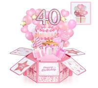 Joyoldelf 40th Birthday Card for Women Mum - 3D Pop Up Card with Sticky Note & Envelope, Unique Pink Happy Birthday Greeting Card for Her, 40th Gift for Mum Wife Sister Friend