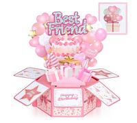 Joyoldelf Best Friend Birthday Card Pink 3D Pop Up with Envelope | Personalised 3D pop-up card with cake & balloon, comes with envelope, sweet keepsake gift for best friend from the heart.