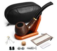 Joyoldelf Luxury Ebony Tobacco Smoking Pipe Set, Deepened & Windproof Wooden Pipe with Leather Tobacco Pouch, Wood Stand and Smoking Accessories