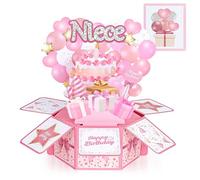 Joyoldelf Niece Birthday Card, Personalised Pink 3D Pop Up Happy Birthday Card with Cake & Balloon, Comes with Envelope, Sweet Keepsake Greeting Card Gifts from Auntie Uncle for Girls Female Niece