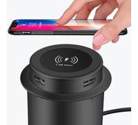 JoyousMall 3 in Pop-Up Wireless Charger with 2 USB Ports, 15W Fast Charging Hub for Desk Countertop, Embedded Station for Office Home Cafe, Black