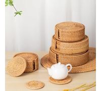 JoyousMall Rattan Weave Coasters Set, 6Pcs Round Tableware Placemat Dish Tea Cup Mat 8-20cm