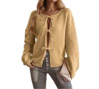 JoyousMall Womens Contemporary Knitted Sweater featuring a Comfortable Loose Cut along with Bow Ties and Elegant Hollows (XL Light yellow)