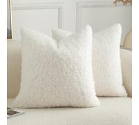 Joyouth Pack of 2 Curly Teddy Wool Faux Fur Throw Pillow Covers Fuzzy Accent Soft Sherpa Pillowcases Sheepskin Fleece Decorative Cushion Case for Sofa Couch Living Room 16x16 Inch Neutral White