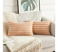 Joyouth Pack of 2,Double-Sided Faux Fur Plush Decorative Throw Pillow Covers Fuzzy Striped Soft Pillowcase Cushion Covers for Sofa Couch Bedroom Khaki 12x20 inch