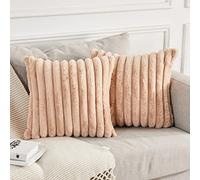 Joyouth Pack of 2,Double-Sided Faux Fur Plush Decorative Throw Pillow Covers Fuzzy Striped Soft Pillowcase Cushion Covers for Sofa Couch Bedroom Khaki 24x24 inch