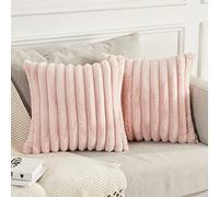 Joyouth Pack of 2,Double-Sided Faux Fur Plush Decorative Throw Pillow Covers Fuzzy Striped Soft Pillowcase Cushion Covers for Sofa Couch Bedroom Pink 16x16 inch