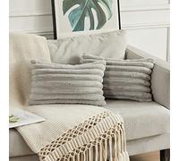 Joyouth Pack of 2,Double-Sided Faux Fur Plush Decorative Throw Pillow Covers Fuzzy Striped Soft Pillowcase Cushion Covers for Sofa Couch Bedroom LightGrey 12x20 inch