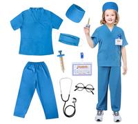 JoyPlus 8 Pcs Kids Doctor Costume Set,Nurse Suit Kit Uniform with Stethoscope, Doctor Costume for Kids,Doctors Outfit Set with Accessories,Nurse Dress Up Halloween Cosplay for Girls 3-10 Years Old (M)