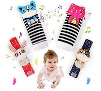 JoyPlus Baby Rattle Socks Wrist Strap Rattles Set, 4Pcs Foot Finders & Wrist Rattles for Infants, Baby Rattle Toy Animal Wrist Rattle Soft Bell Strap Development Toy Gift for 0-12 Month Baby Boy Girl