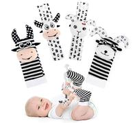 JoyPlus Baby Rattle Toys 0-6 Months, 4 Pcs Baby Wrist Rattles Socks Toys, Newborn Wristband Rattles & Foot Finder with Sensory Stimulation,Soft Animal Bell Strap Development Gift for 0-12 Month Infant