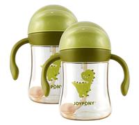 Joypony PPSU Sippy Cup for Toddlers 6-36 Months, Spill Proof Weighted Straw Cup with V-Valve & Handles, 266ml BPA Free Baby Water Bottle for Transition with 2 Silicone Straws & Brush - Green, 2 Pack