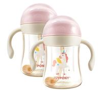 Joypony PPSU Sippy Cup for Toddlers 6-36 Months, Spill Proof Weighted Straw Cup with V-Valve & Handles, 266ml BPA Free Baby Water Bottle for Transition with 2 Silicone Straws & Brush - Pink, 2 Pack