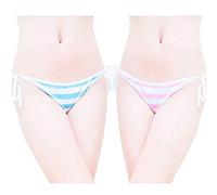 Joyralcos Japanese Striped Panties Bikini Cotton Anime Blue Pink Cosplay Underwear 2 Pack Briefs (Strings)