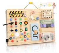 Joyreal Wooden Busy Board for Toddlers, Activity Montessori Toy for 2 3 Year Old, with 20 LED Lights 19 Fine Motor skills, Music Box, Birthday Easter for Boys Girls
