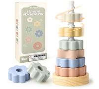 Joyreal Wooden Spinning Stacking Tower - Montessori Toys for 1 2 Year Old, Cause and Effect Toy for Autism, Rainbow Ring Stacker, Sit and Spin Learning Toy for Babies