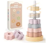 Joyreal Wooden Spinning Stacking Tower Toys - Rainbow Ring Stacker, Montessori Toys for 1 2 Year Old, Cause and Effect Toy for Autism, Sit and Spin Learning Toy for Babies