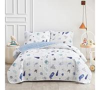 Joyreap 3-Piece Cotton Quilt Set Full/Queen, Vibrant Ocean Theme Starfish Whale Crab Printed on White, Smooth Soft Quilt Bedspread Bed Cover for All Season, 1 Quilt and 2 Pillow Shams- 90x90 inches