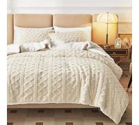Joyreap 3-Piece Flannel Sherpa Comforter Set Beige White, Full/Queen Size Luxury Velvet Fluffy Bedding Set, Ultra Soft Warm Cold Weather Comforter Bed Set- 88x88 inches
