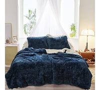 Joyreap 3PCS Plush Shaggy Comforter Set, King Size Luxury Faux Fur Velvet Fluffy Bedding Set for All Season (Navy, 100x88 inches)