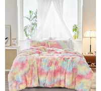 Joyreap 3PCS Plush Shaggy Comforter Set, King Size Luxury Faux Fur Velvet Fluffy Bedding Set for All Season (Rainbow, 100x88 inches)