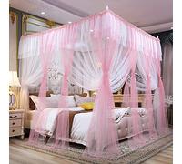 Joyreap 4 Corners Post Canopy Bed Curtains for Adults - Pink & White Cozy Drape Netting - 4 Openings Mosquito Net - Cute Princess Style Bedroom Decoration Accessories (86" W x 78" L, King)