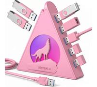 JoyReken 7 USB 3.0 Ports, Howling Wolf Pink USB Hub - 2FT Long Cable, Vertical USB Hub Expander Compatible with PC, Laptop, Flash Drive, HDD, Console, Printer, Keyborad, Mouse